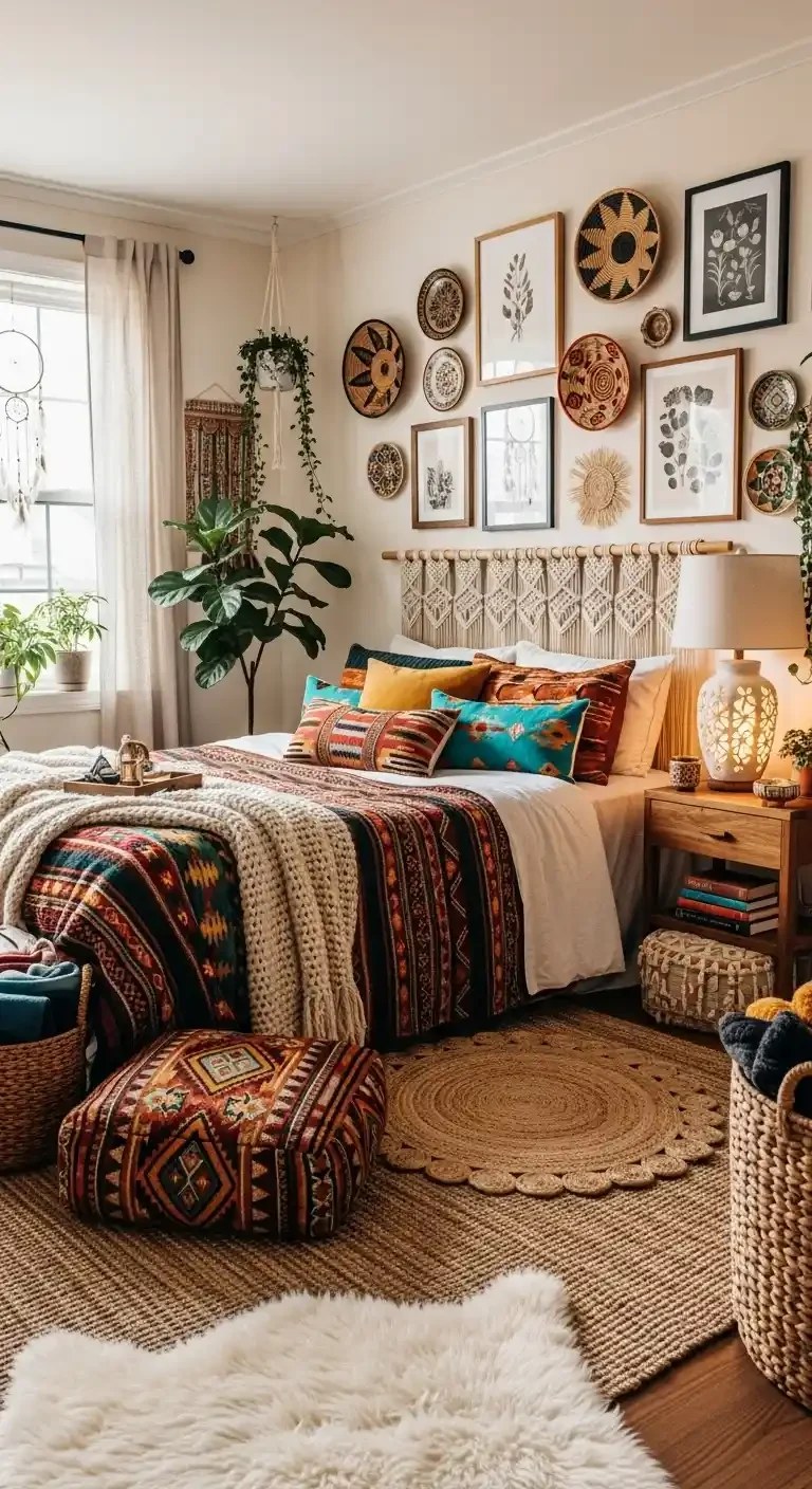 Global boho bedroom showcasing artisan wall decor and vibrant patterns.