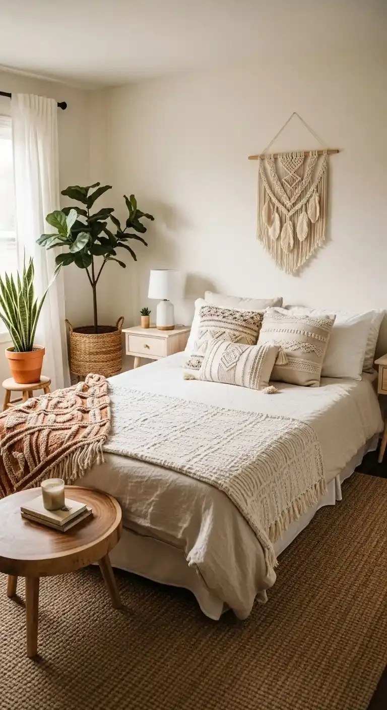 Minimalist boho space with neutral tones and natural elements.