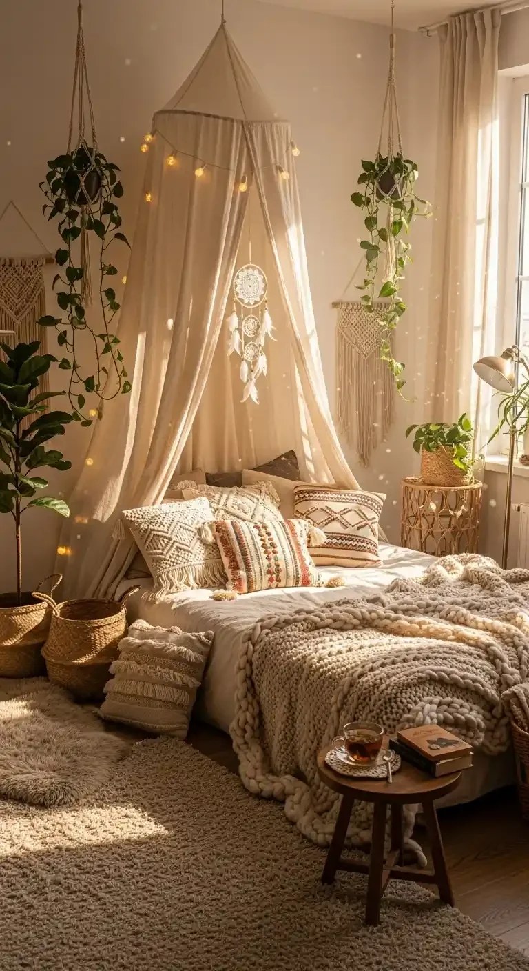 Boho Canopy Bed Setup with Soft Lighting and Cozy Layers