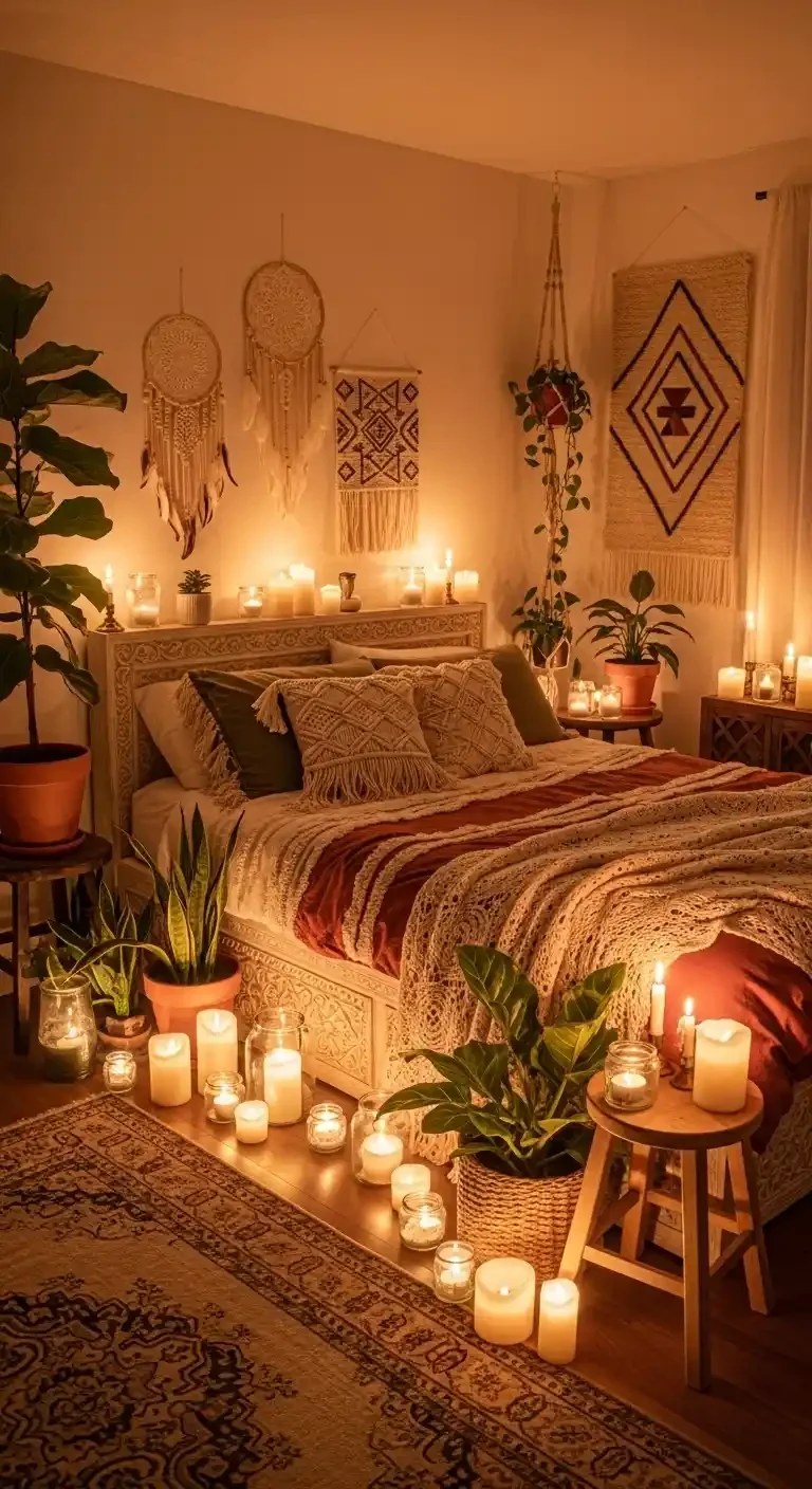 Candlelit Boho Bedroom for a Warm and Relaxing Ambiance