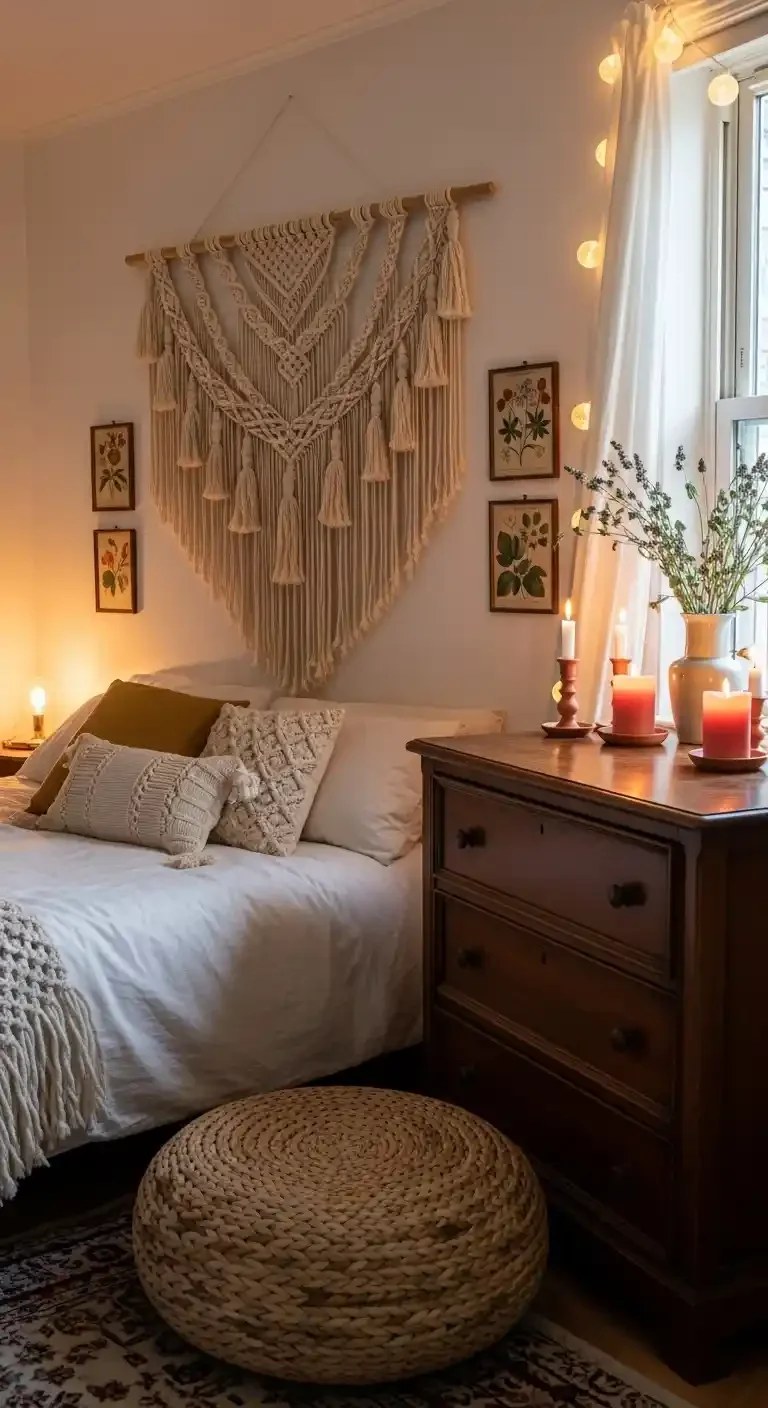 Vintage Boho Bedroom with Eclectic Decor and Warm Lighting