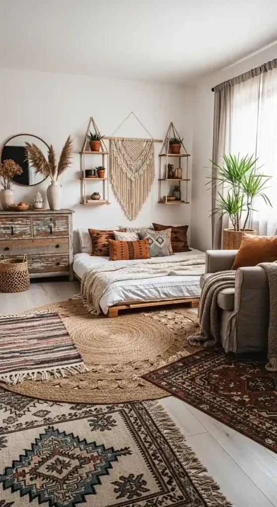 Boho Bedroom with Natural Wood Elements and Earthy Textures