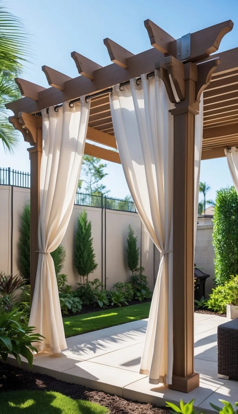 Wood pergola with flowing white curtains for elegant shade.