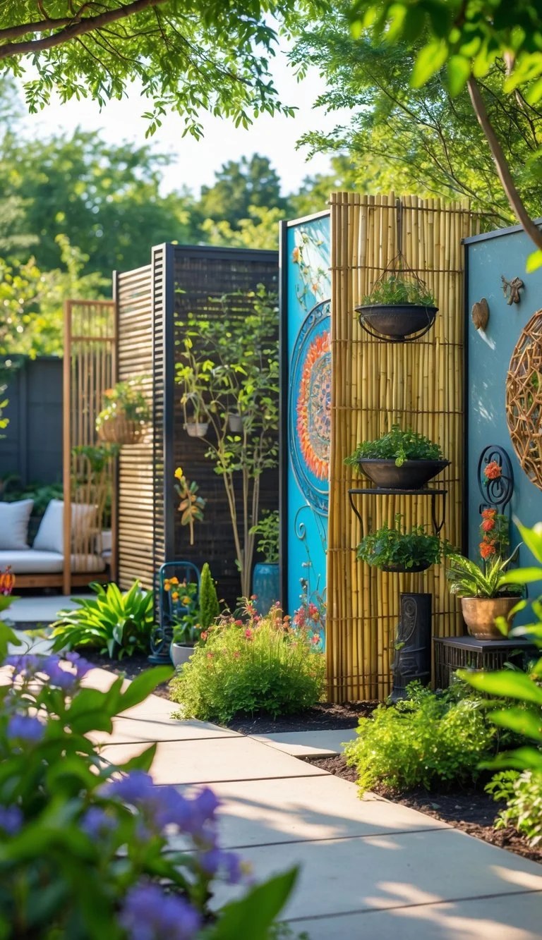 Bohemian garden screen featuring bamboo and vibrant plants.
