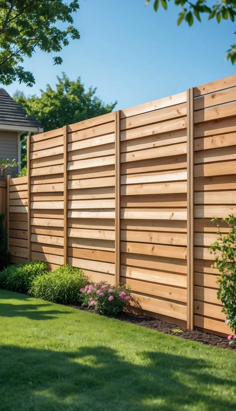 Horizontal cedar wood privacy fence for modern aesthetics.