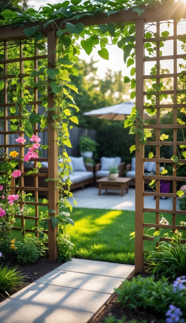 Intricate metal garden screen casting beautiful shadows.