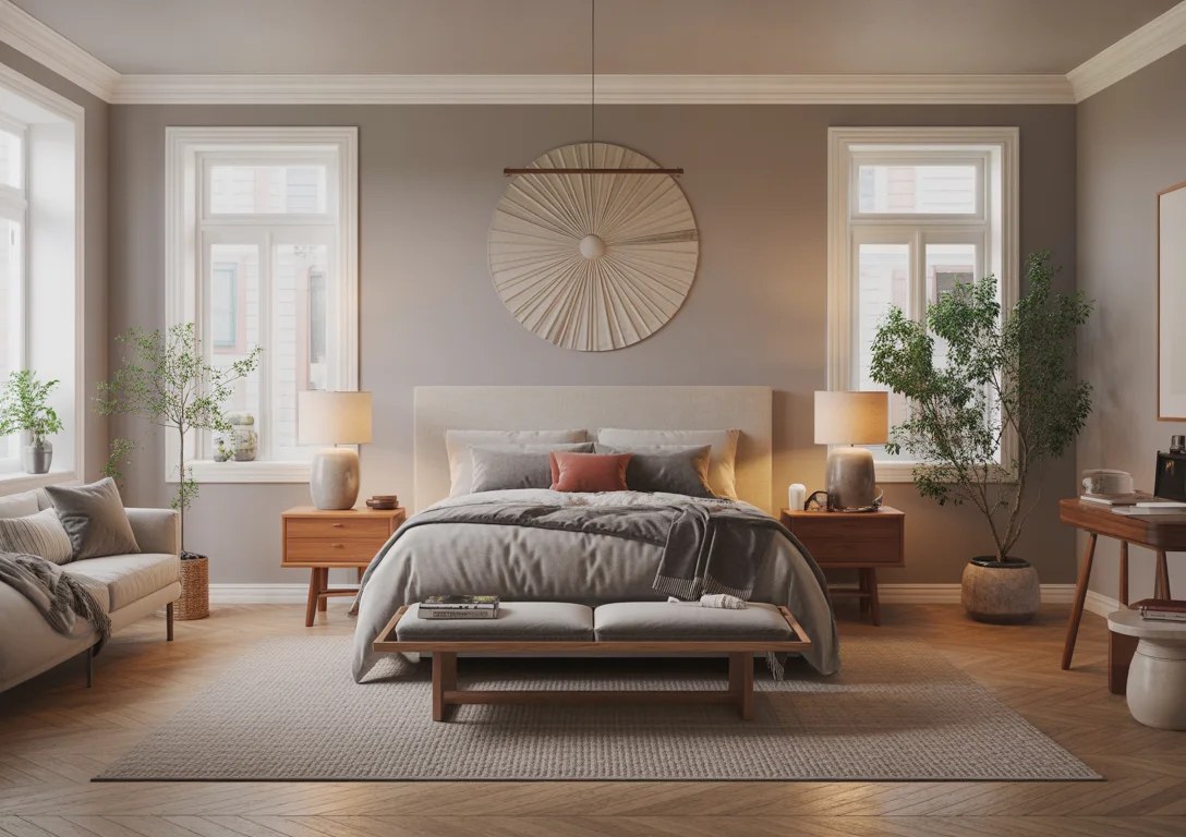 Bright bedroom filled with sunlight through sheer curtains.