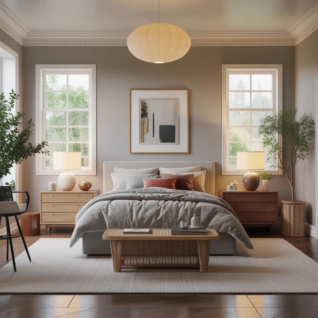 Pastel colored bedroom with soft pink and mint green tones.