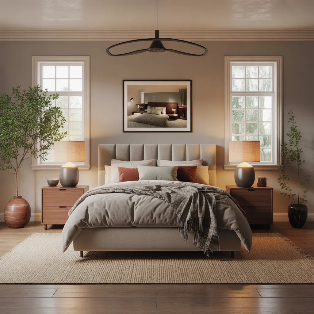 Minimalist styled bedroom with decluttered surfaces and light colors.