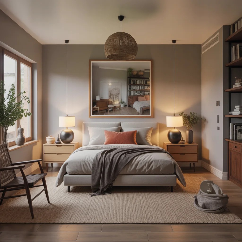 Reading nook in the bedroom with soft lighting and books.
