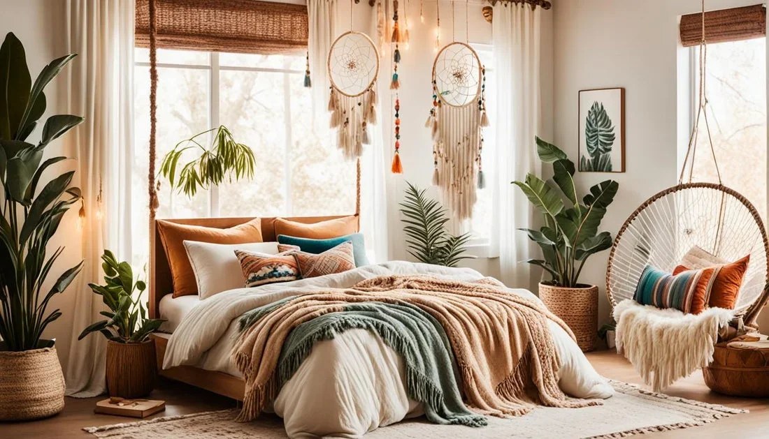Dreamy canopy with glowing string lights in boho bedroom.