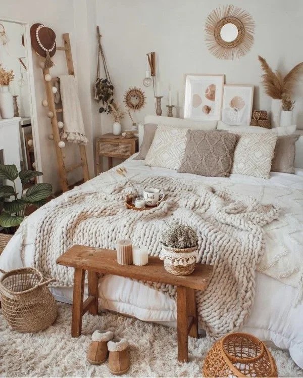 Vintage rattan furniture creating a cozy bohemian retreat.