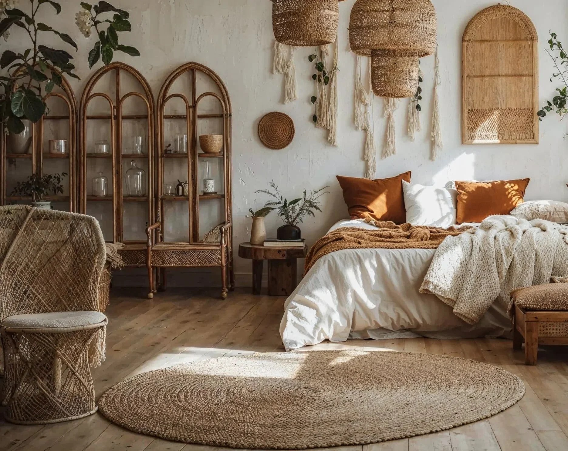 Layered textiles adding warmth to a boho bedroom atmosphere.