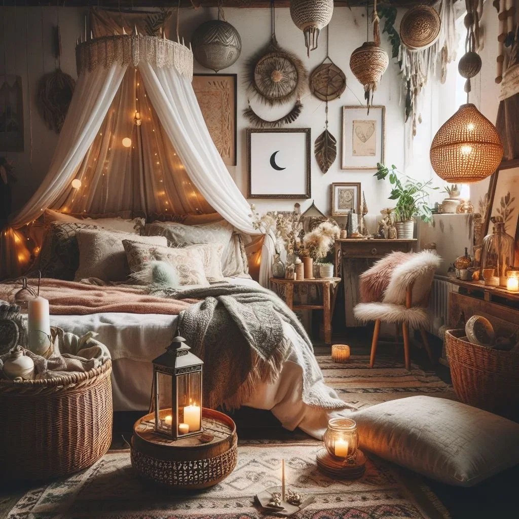 Indoor plants enhancing natural light in a bohemian bedroom.
