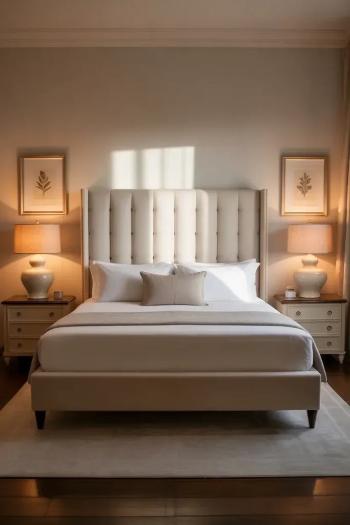 Luxurious bedroom with textured fabrics and soft colors.