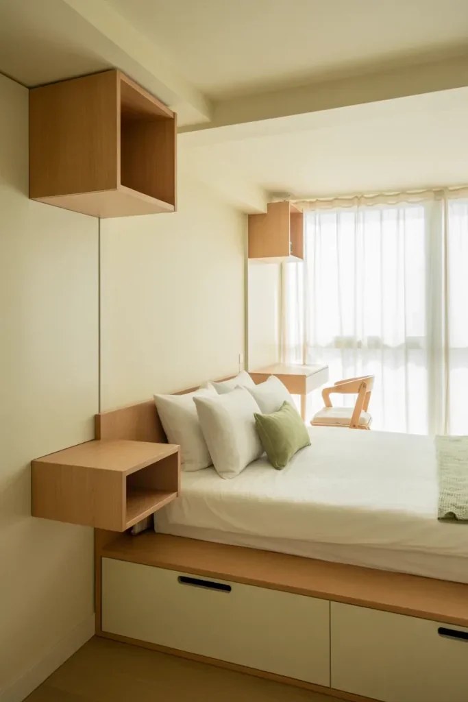 Tech-friendly bedroom integrating modern amenities stylishly.