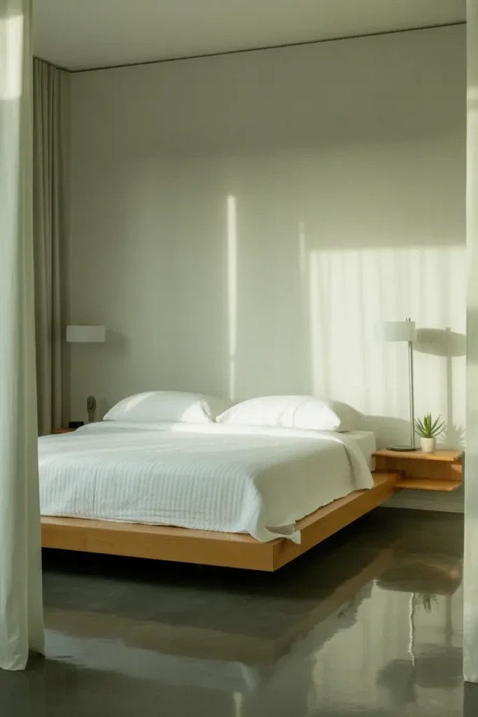 Minimalist bedroom showcasing floating bed design.