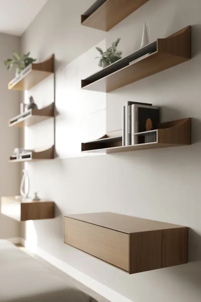 Modern floating shelves add storage to stylish bedroom.