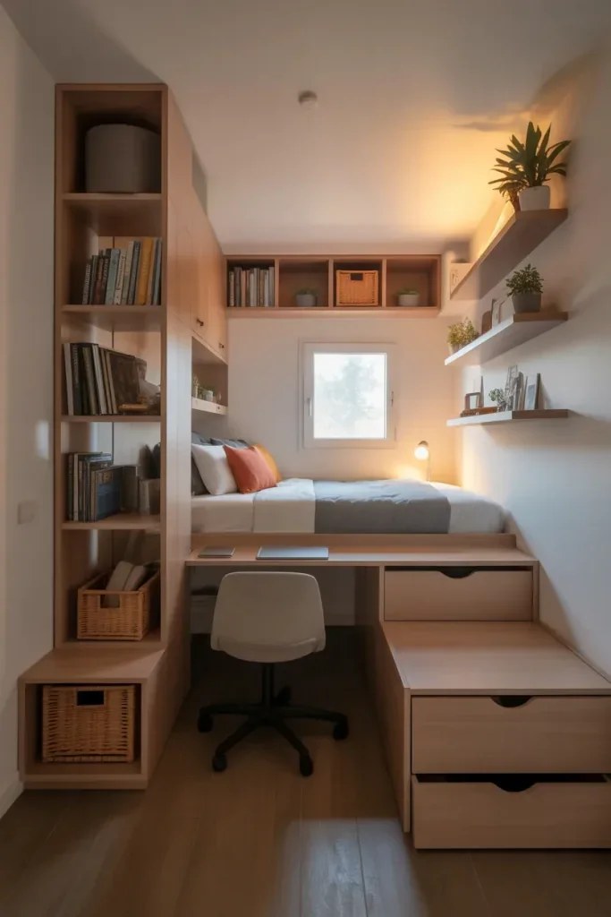 Compact bedroom with built-in storage and workspace.