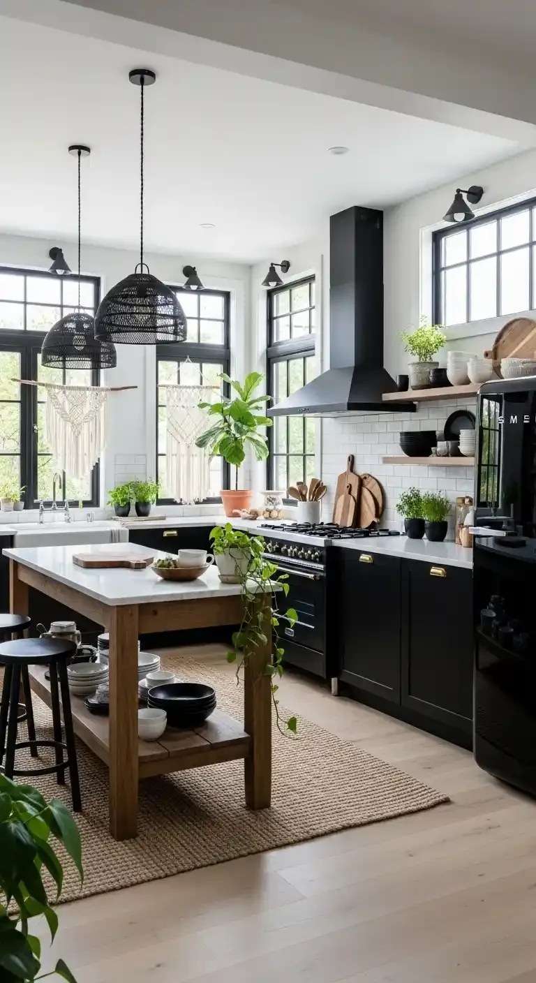 Modern black cabinets creating a bold kitchen statement.