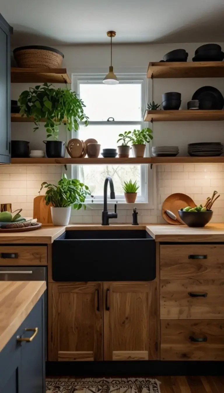 Sophisticated black tile flooring in a stylish kitchen.