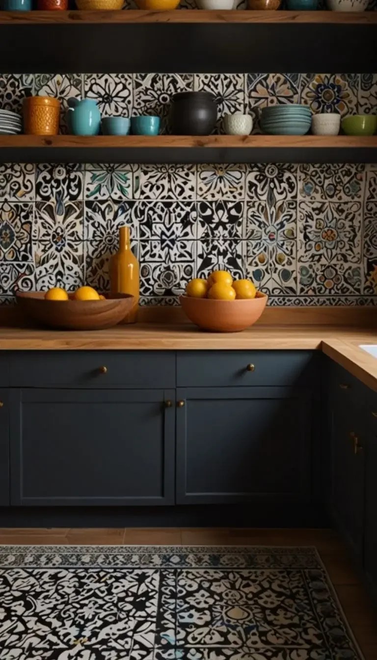 Vibrant greenery enriching a black themed kitchen.