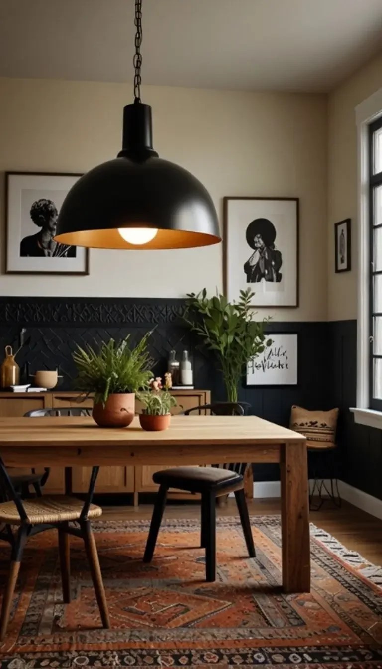 Statement lighting fixture hanging over a black kitchen island.