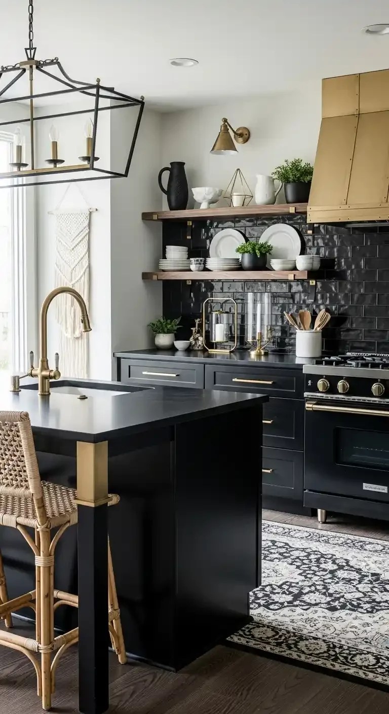 Chic black and white stylish kitchen interior.
