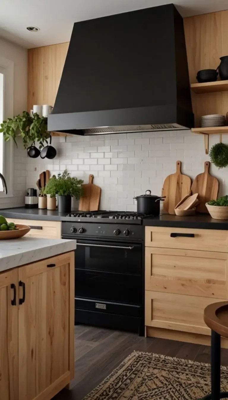 Natural wood accents in a black kitchen for warmth.