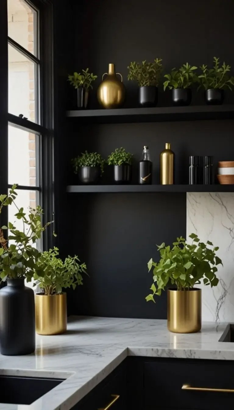 Open black shelving showcasing elegant kitchen decor.