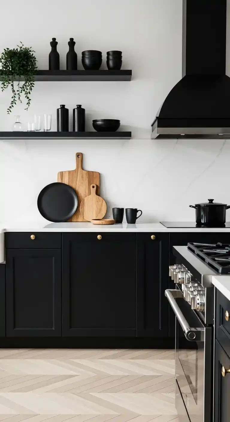 Brass hardware adding luxury to a black kitchen.