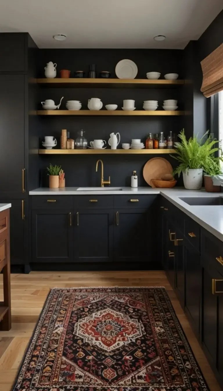 Textured black wall adding drama to the kitchen.