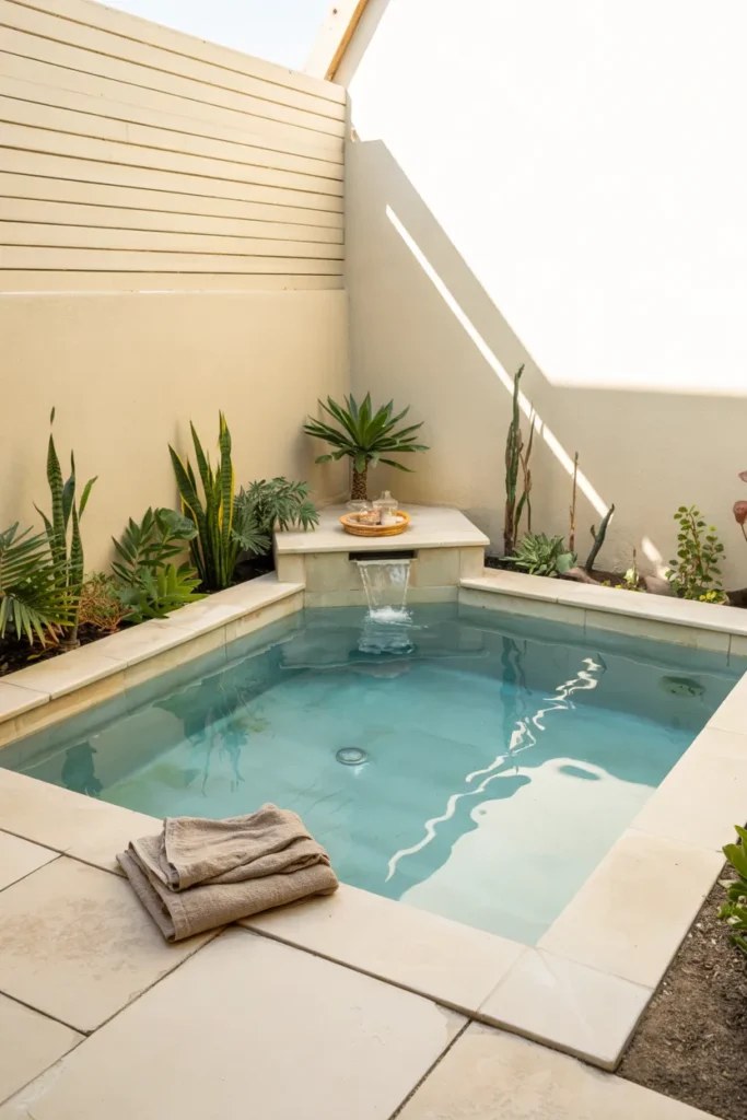 Whimsical small plunge pool ideas with floating candles at night